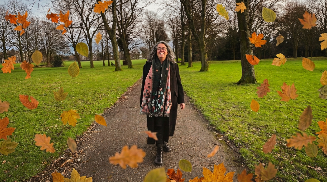 Sarah walking on an autumn gravel path through fallen leaves, wearing barefoot shoes