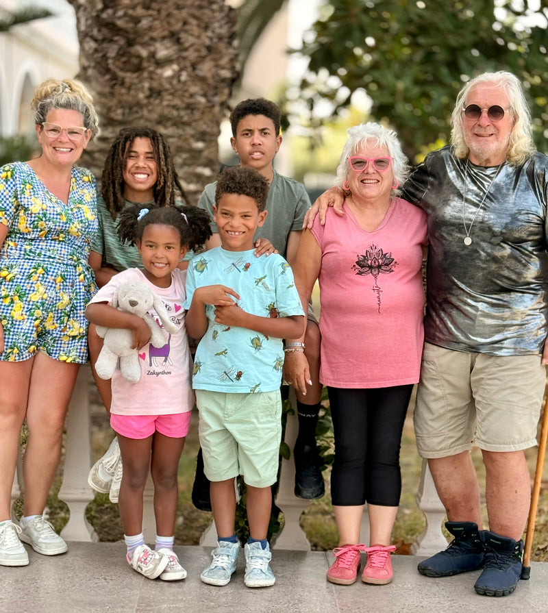 Three generations wearing barefoot shoes: Lowenna Adams with her parents and children
