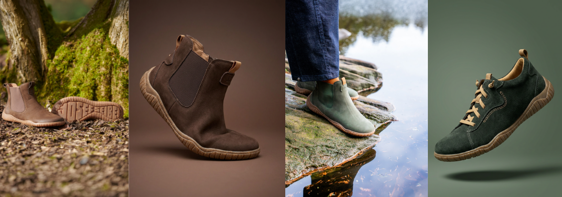 Josef Seibel barefoot AW26 collection banner showing Chelsea boots and sneaker in woodland and studio settings