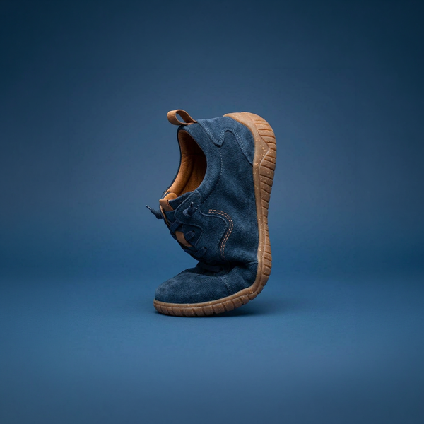 Indigo blue suede Josef Seibel Wynona 01 barefoot shoe flexed to show sole flexibility