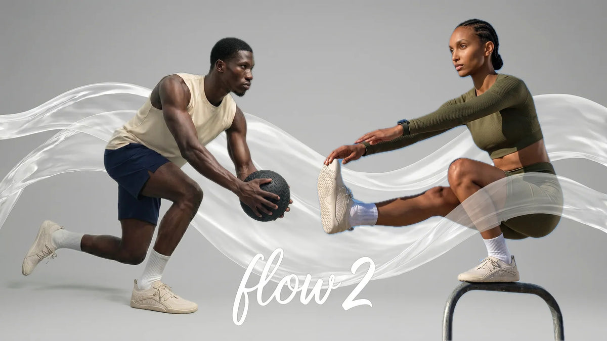 LONO FLOW 2 campaign showing two models wearing cream barefoot shoes