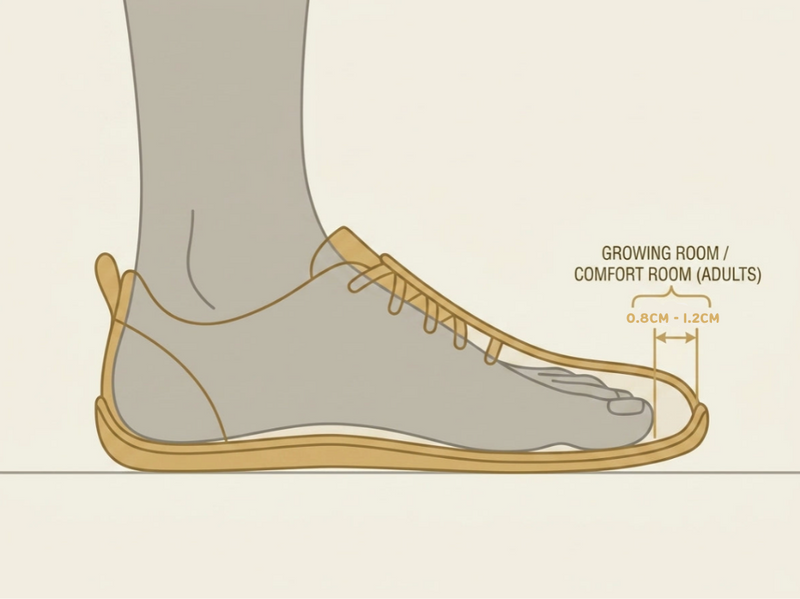 Illustration showing 0.8cm to 1.2cm comfort room between the longest toe and front of a barefoot shoe
