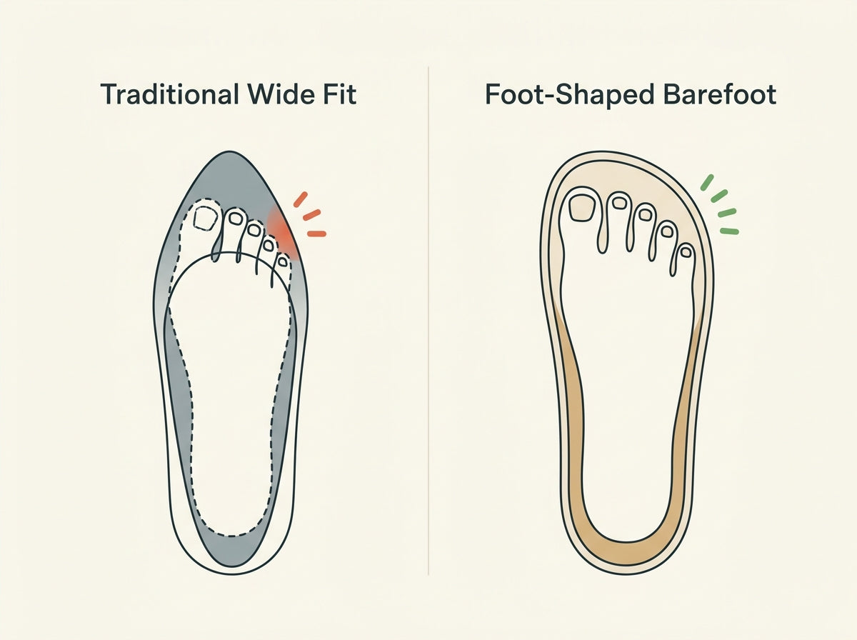 Comparison of traditional tapered wide fit shoe squeezing toes versus foot-shaped barefoot shoe allowing natural toe splay