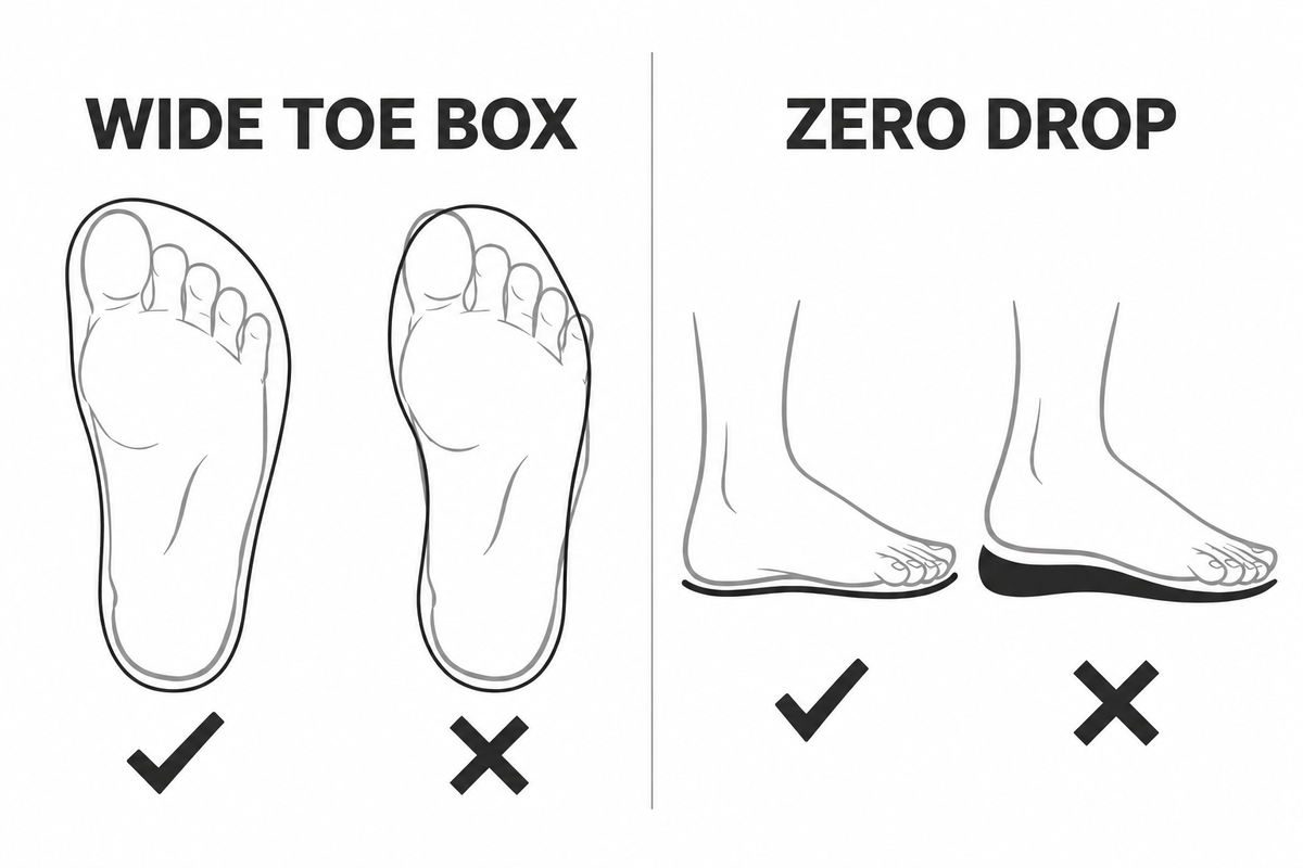 Diagram comparing wide toe box and zero drop shoes with conventional footwear