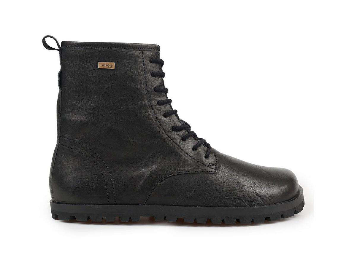 A black leather lace-up ankle boot with a rugged sole and a small tan LANG.S label on the side, shown against a plain white background.