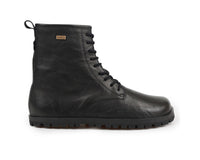 A black leather lace-up ankle boot with a rugged sole and a small tan LANG.S label on the side, shown against a plain white background.
