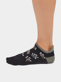 ToeSox low rise full toe yoga grip socks, Soft Blue Tie Dye colourway, sole grip detail