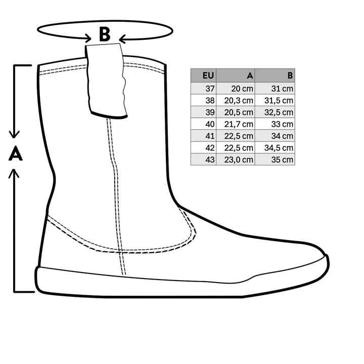 BLSN-400W Black Suede Barefoot Boot shaft height and winter boot dimension diagram