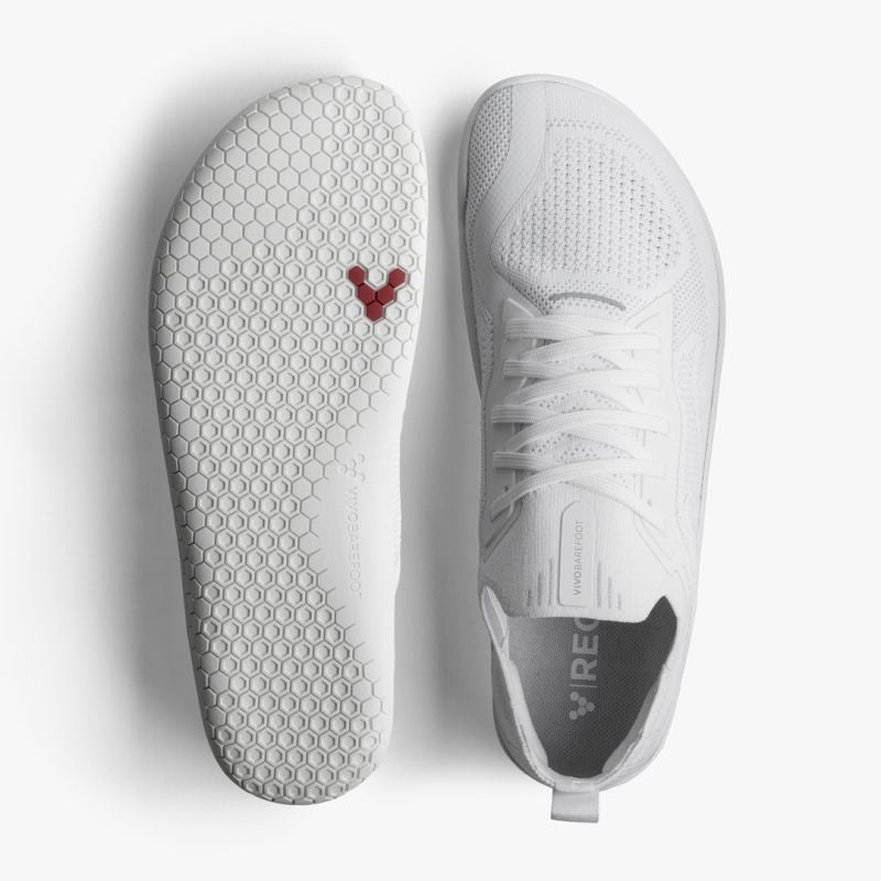 Vivobarefoot Primus Lite Knit Bright White women's barefoot trainer, angled view
