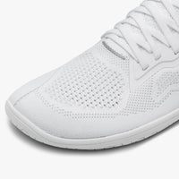 Vivobarefoot Primus Lite Knit Bright White women's barefoot trainer, front view showing wide toe box